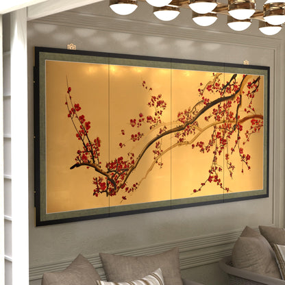 Red Lantern 36" x 72" Plum Tree on Gold Leaf Silk Screen