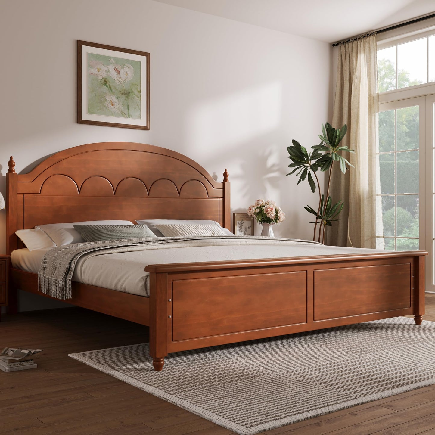 Merax King Platform Bed Frame with Elegant Arched Headboard, Solid Wood Construction, Timeless Classic Design, Strong Support, Easy Assembly, Oak Finish