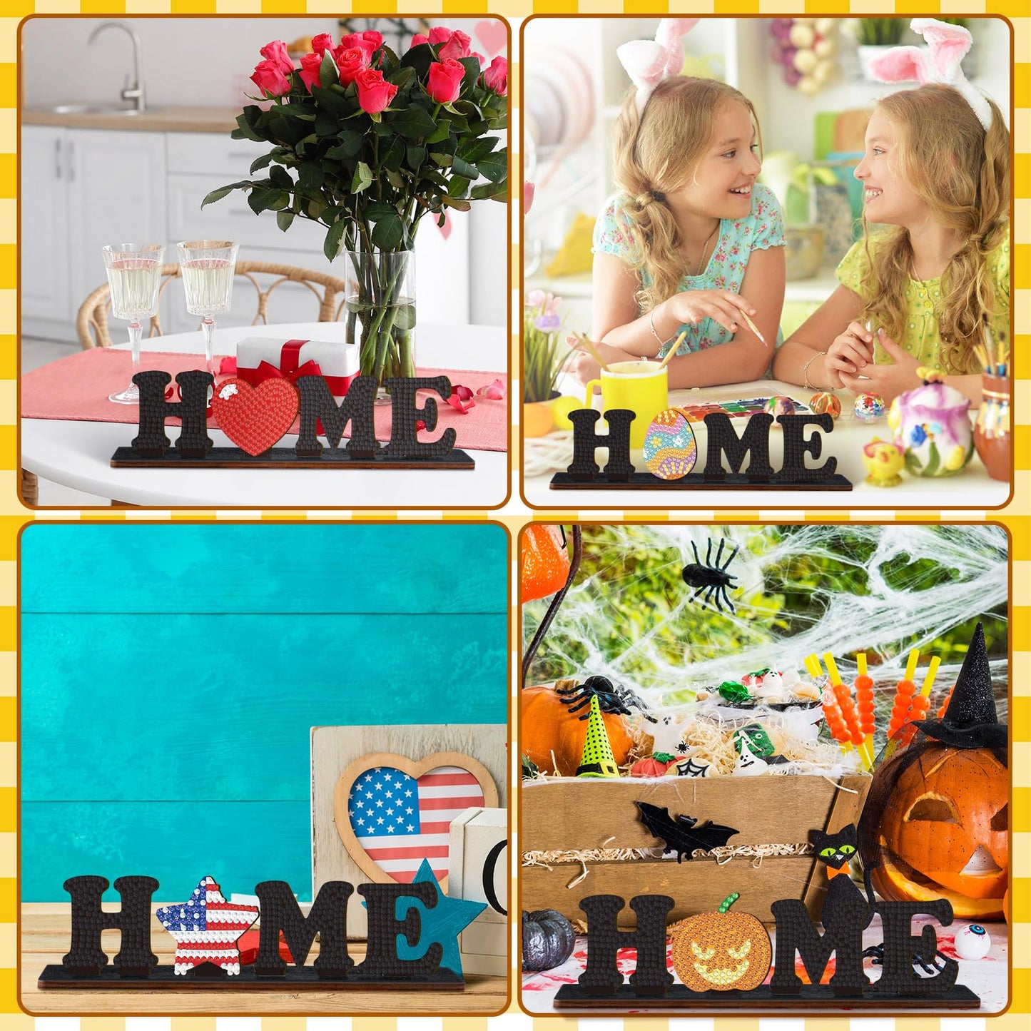 Briwooody Interchangeable Home Table Signs with 20 Pcs Seasonal Icons Diamond Painting Interchangeable Home Letter Sign Table Centerpiece for All Seasons Detachable Home Decorative for Office