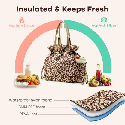 Yarnic Lunch Bag Women Insulated Lunch Bags,Cute Cheetah Reusable Lunch Box Stain-Resistant Lunchbox with Water Bottle Holder for Adult (Leopard)