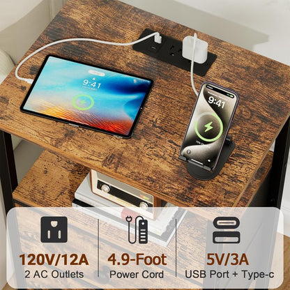 LOAKEKEL Night Stand with Charging Station, Small Bedside Table with 2 Fabric Drawers, Nightstand with USB Ports & Outlets for Bedroom, Brown, HETS020BR-1