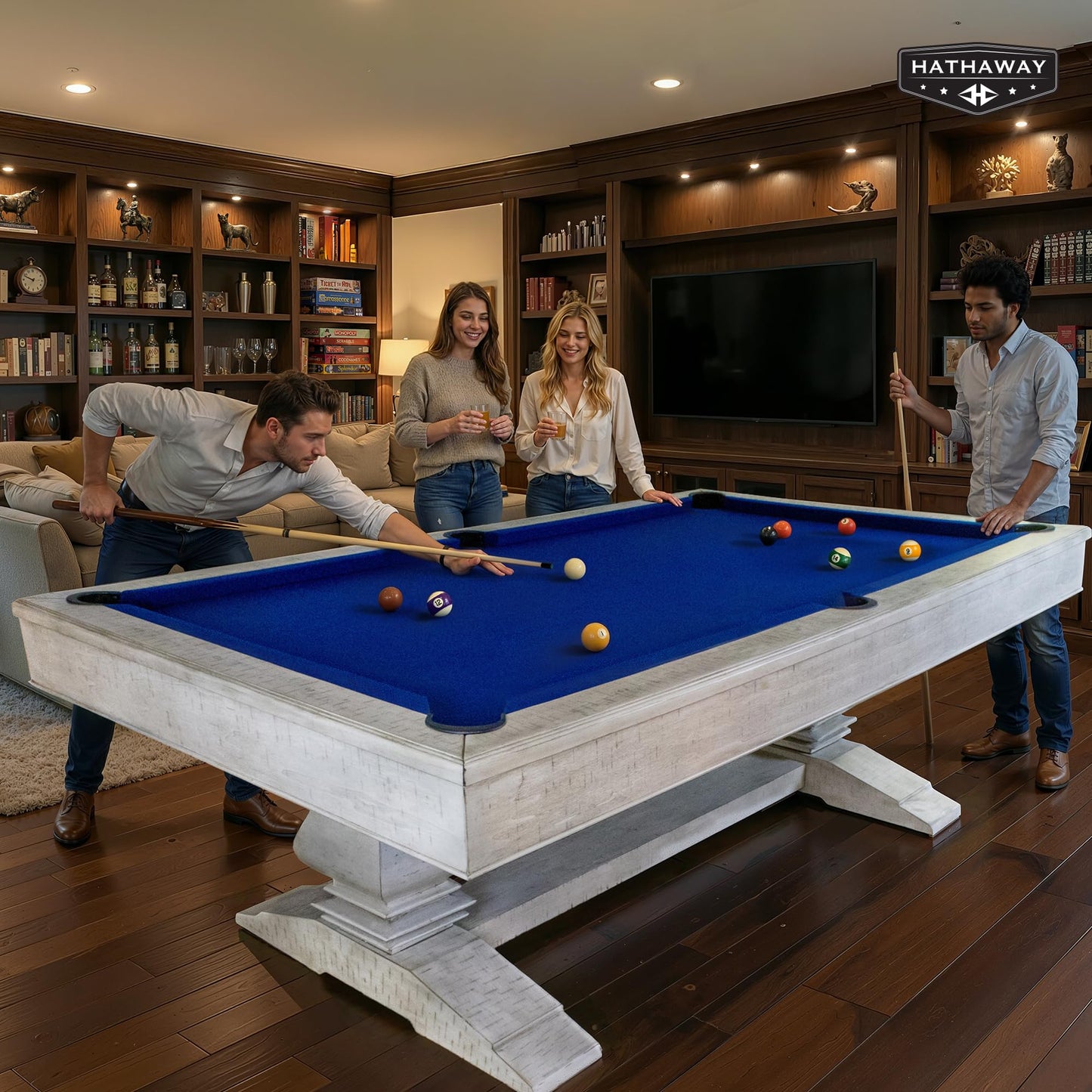 Hathaway Montecito 8ft Pool Table for Game Room – Billiard Table with Poly-Coated Non-Slate Playfield, Drop Pockets, Leg Levelers – Includes Cues, Pool Balls, Chalk, Triangle, Brush – Driftwood Finish