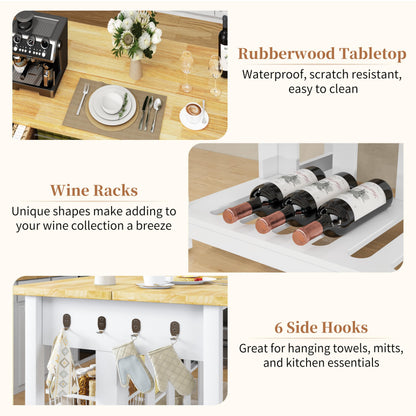 DynJest 60" Solid Rubberwood Kitchen Island with Power Outlets - Extra Large Work Surface, 3 Drawers & 2 Open Shelves Storage Cabinet for Kitchen Dining Room, Farmhouse Style (White)