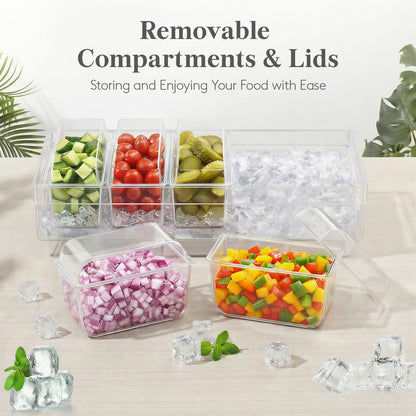 Lifewit Chilled Condiment Containers with Lids, Plastic Taco Bar Serving Set for Party with 5 Containers, Ice Garnish Tray for Mimosa Bar Supplies, Clear Serving Platter for Fruit, Salad, Snack