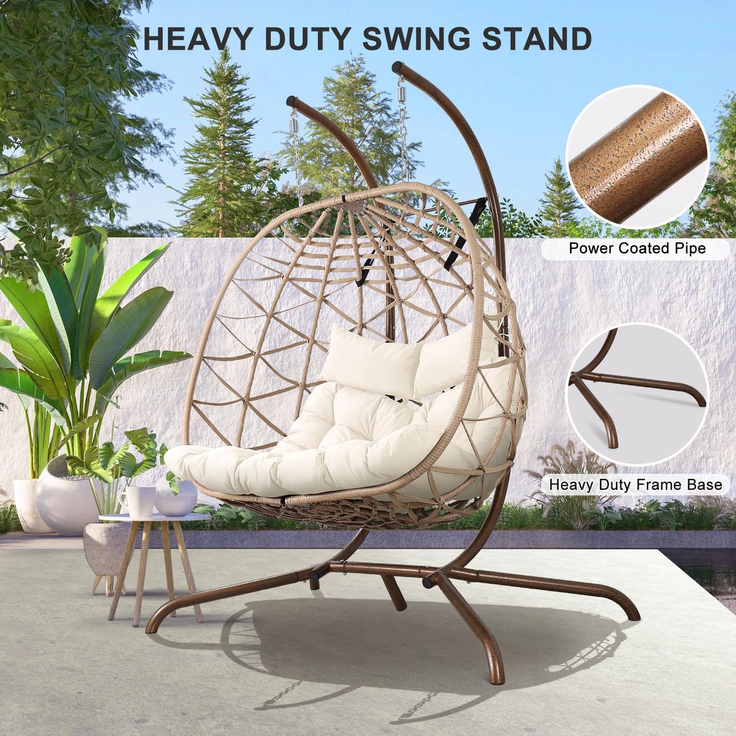 NOBLEMOOD Outdoor Egg Swing Chair with Stand, 2 Person Patio Swing Chairs with Thick Cushions and Pillows, Wicker Double Egg Chair Swing for Indoor Bedroom