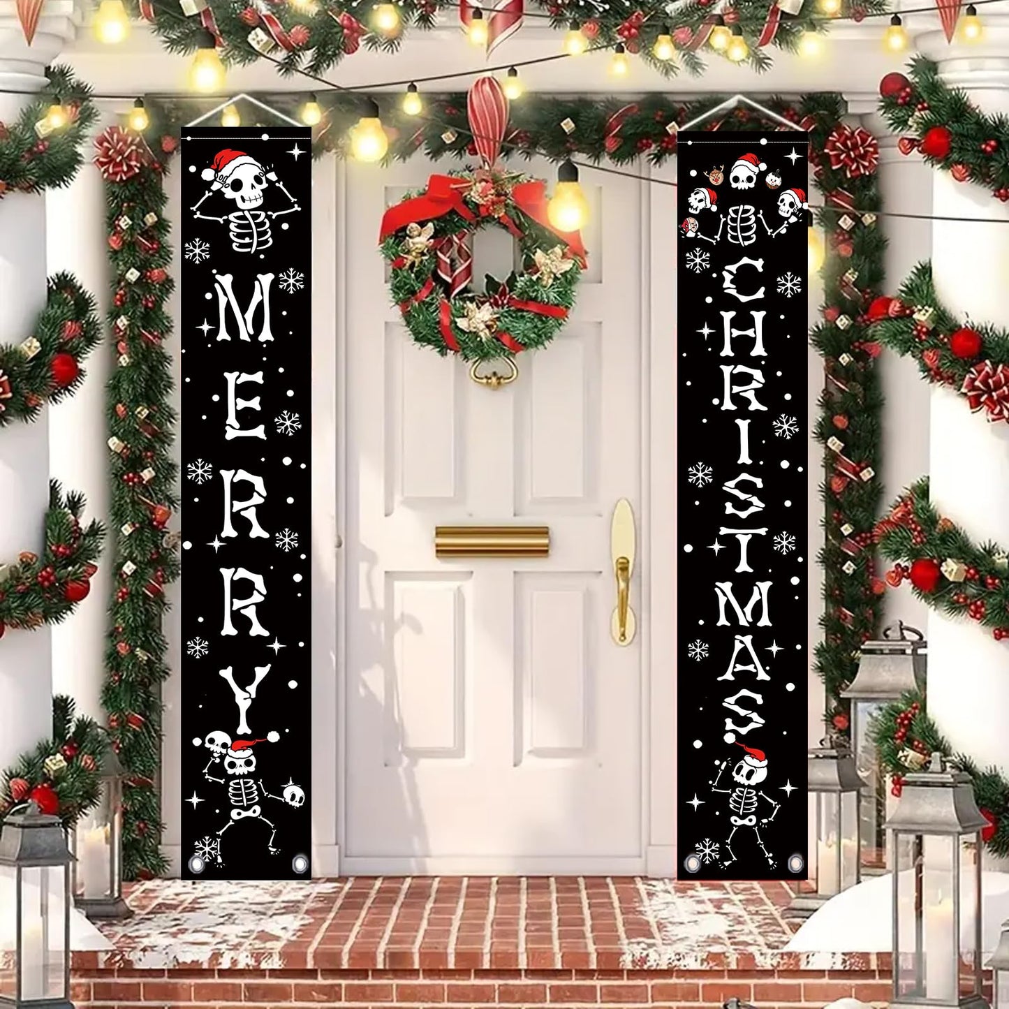 Christmas Door Banner Funny Skeleton Hanging Sign Spooky Vibes Front Door Decor Yard Wall Indoor Outdoor Party Decorations 12x71 Inch
