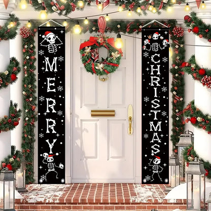 Christmas Door Banner Funny Skeleton Hanging Sign Spooky Vibes Front Door Decor Yard Wall Indoor Outdoor Party Decorations 12x71 Inch