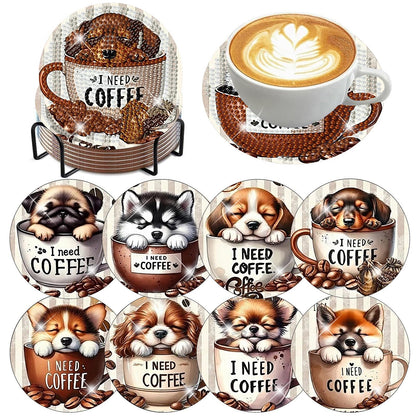 Ekuxom 8 Pcs Coffee Dog Diamond Art Coasters Kits with Holder-Diamond Painting Coasters Kits-DIY Crafts Art Coaster Kit for Home Decor