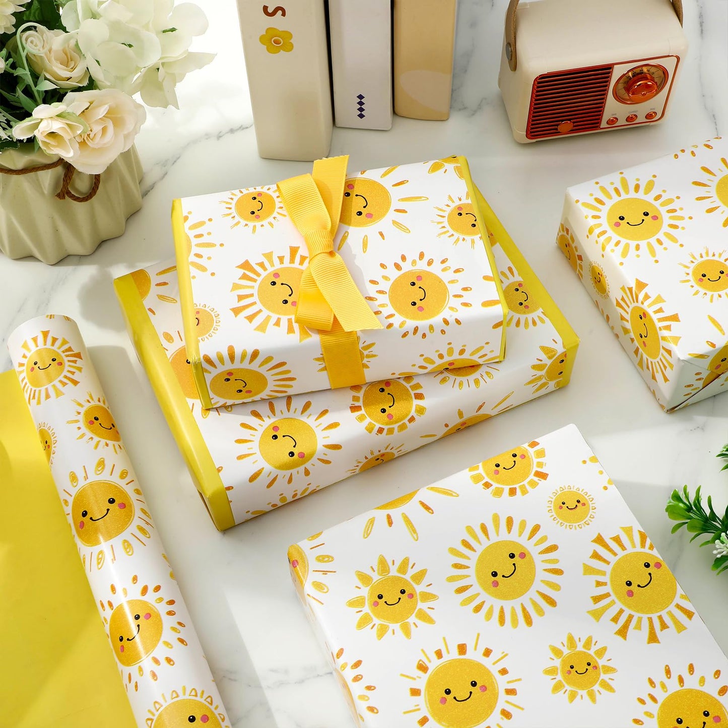 JarThenaAMCS Sun Smile Baby Shower Wrapping Paper -Mini Roll- 17In x 32.8Ft First Trip Around The Sun Gift Wrap Paper Yellow Double Printed Sunshine Craft Paper for Summer Birthday Party Packing
