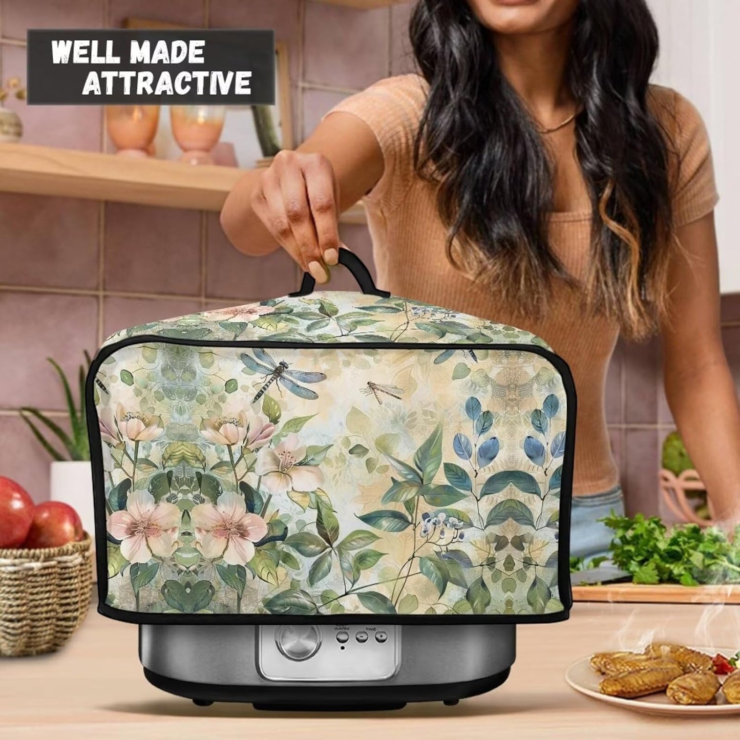 Floral Slow Cooker Cover with Mesh Pocket and Top Handle, Small Appliance Cover for Kitchen Home Decor Accessories