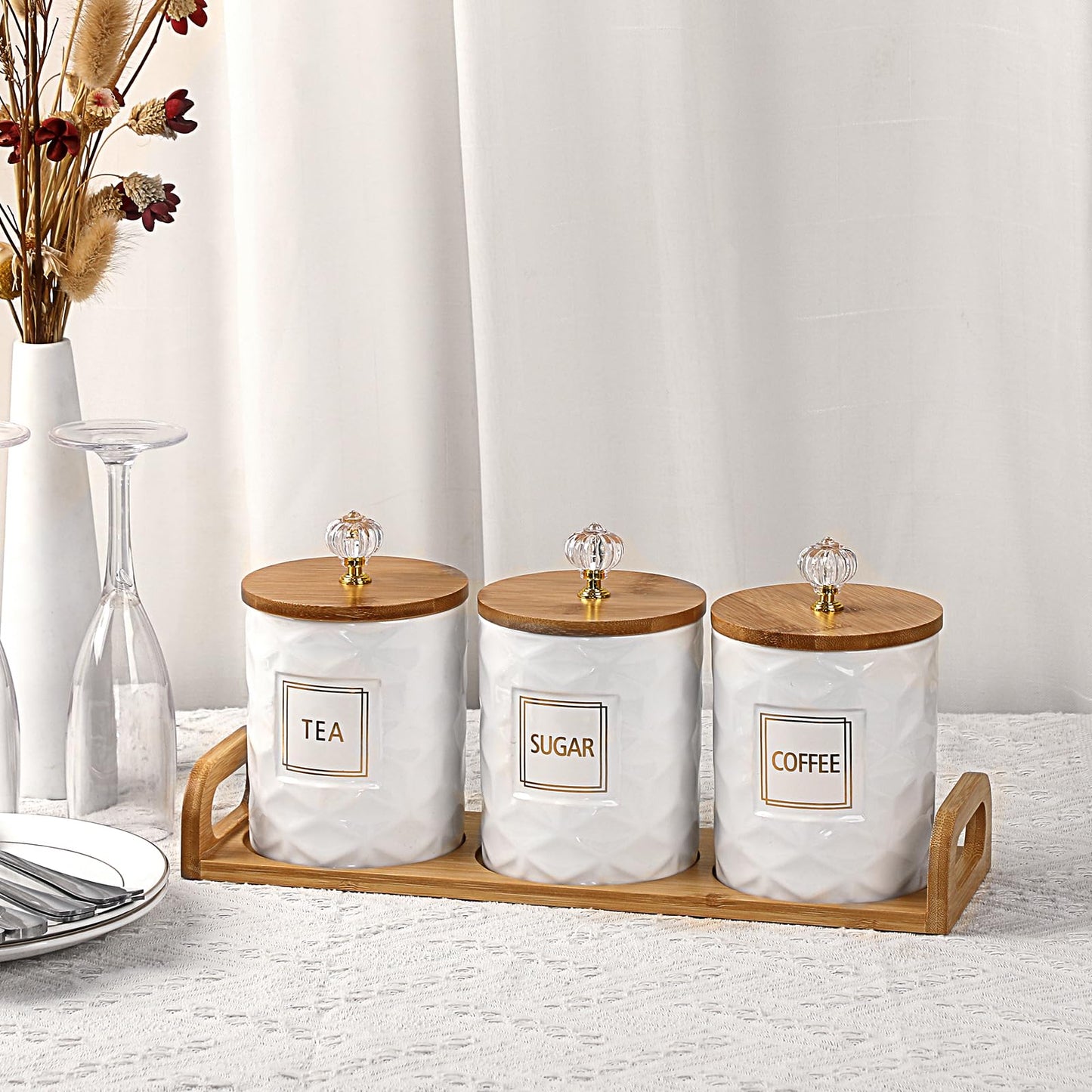 JUXYES Set of 3 Ceramic Canisters Set for Sugar Coffee Tea With Handle Tray, Luxurious Storage Containers Sets with Lids Decorative Storage Pots White Ceramic Storage Jar for Kitchen Dining Counter