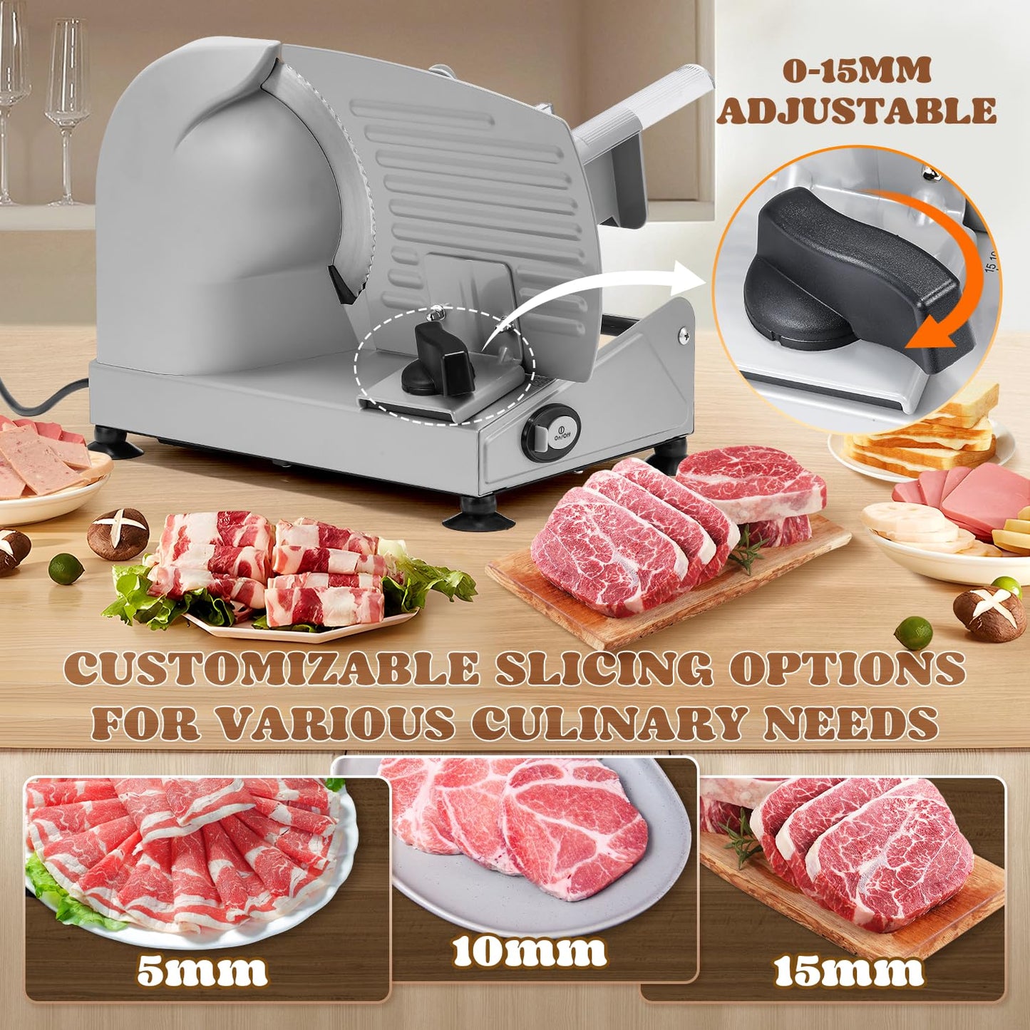 Moongiantgo Electric Meat Slicer 200W With 2 Removable 7.5’’ Stainless Steel Blades, 0-15MM Adjustable Thickness for Home Use, Child Lock Protection, Meat Cheese Bread Deli Food Slicer Machine, 110V