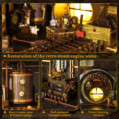 Book Nook, DIY Miniature House Kit, 3D Puzzle Wooden, LED Lights, Decor Crafts for Adults Teen Gifts(Steampunk Industria)