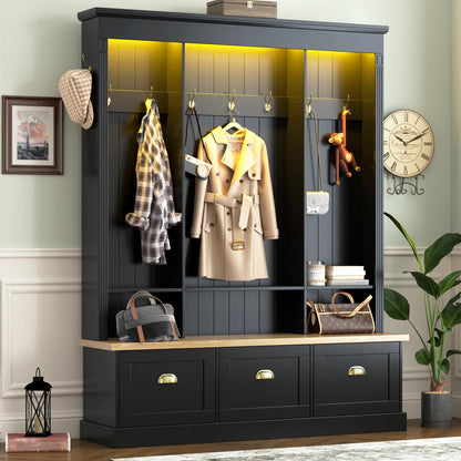 Merax Hall Tree with Bench with LED, 9 Hooks & 3 Cabinets, Farmhouse Entryway Storage Organizer with Rack, Hall Tree with Bench and Storage, Black
