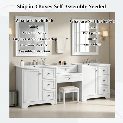 Merax 84" Double Sink Bathroom Vanity with Engineered Stone Countertop & 2 Ceramic Sinks,Large Storage Vanity with 6 Soft Close Drawers,Silver Metal Knobs for Master Bathroom,Family Bath,White