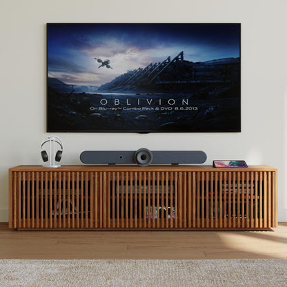 POVISON Full Assembled Mid Century Modern TV Stand, Wood Slatted Media Console for 65 inch TV, Entertainment Center with Storage for Living Room, Low Cabinet with Removable Shelves