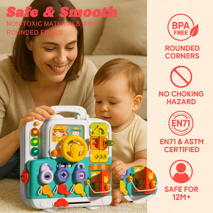 ROHSCE Textured Sensory Balls & Baby Rattle + Montessori Busy Board with Lights & Music, Hand Catching, Montessori Toys, Fine Motor, Travel Toy for Airplane/Car, Gifts for Babies 3–6M & Toddlers 1–3