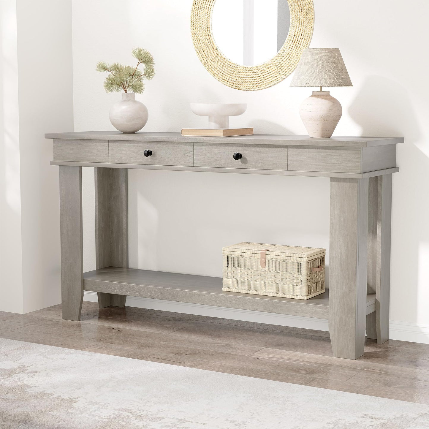 Garvee 54-Inch Long Console Table with Drawers, Wooden Rectangular Entryway Table w/Open Storage Shelf, Sofa Table Behind Couch, Farmhouse Entry Foyer Table for Entryway, Hallway, Living Room