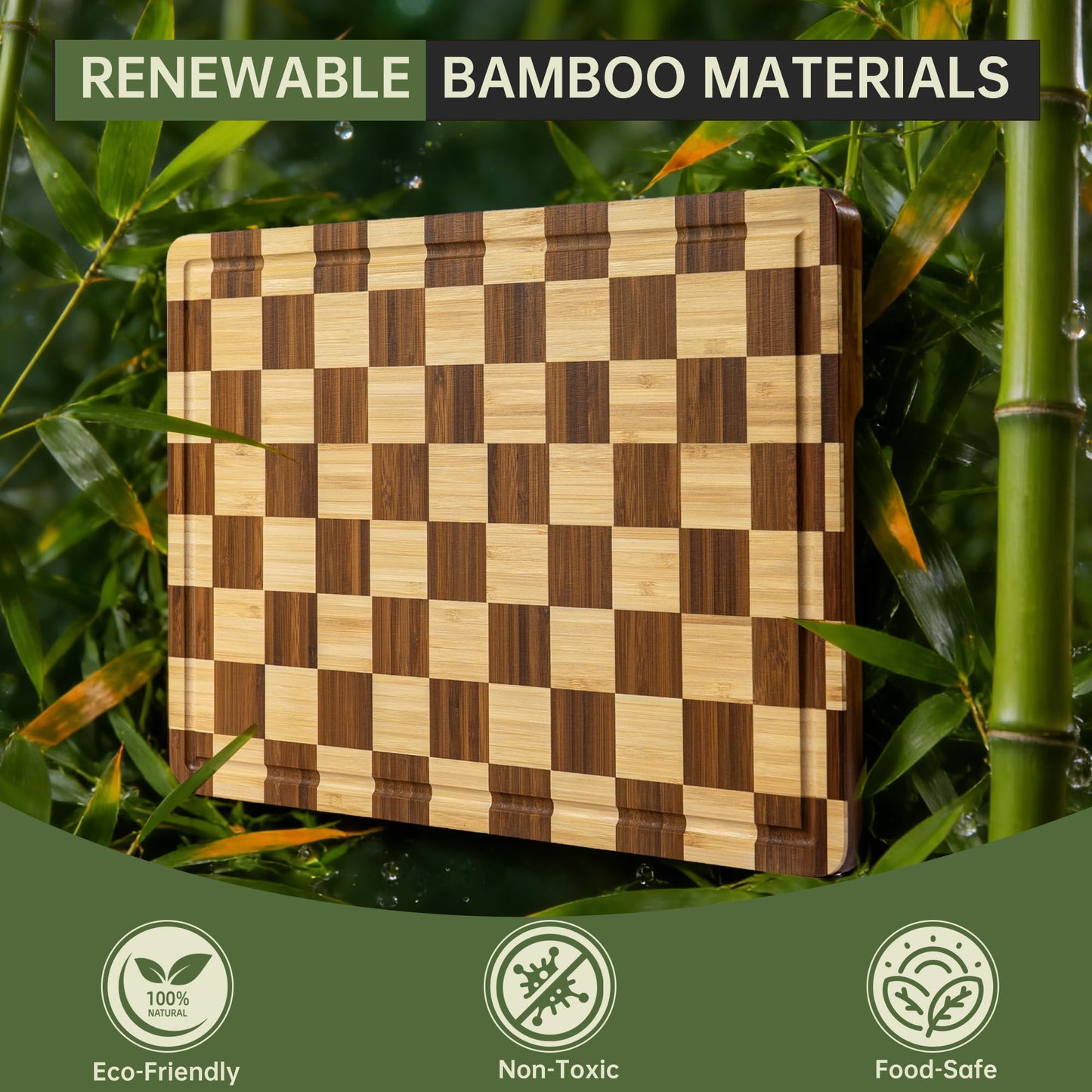 THETCHRY Checkered Bamboo Cutting Board, Thick End-Grain Wood Cutting Boards for the Kitchen, Chopping Boards with Juice Groove, Non-Slip, Durable & Crack-Resistant, Perfect Gifts 16.5” x 11.6” x 0.8”