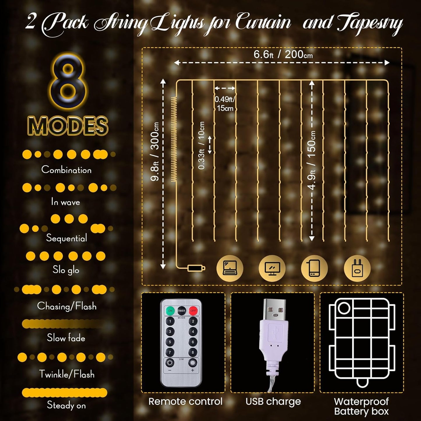 195 6.5 5 8 1 Pack Tuanse LED Curtain Tapestry Lights Backdrop String Lights, x Feet Hanging Fairy Curtain Light