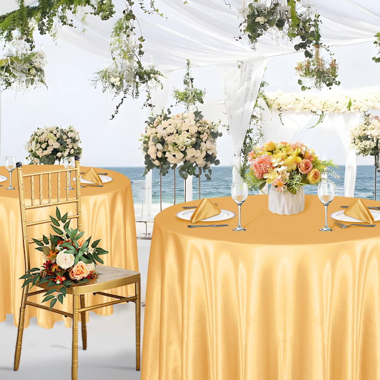 KKJIAF 4 Pack 120 Inch Round Tablecloth Satin Gold Round Table Cover, Silky Satin Dining Table Cloth for Wedding, Party, Banquet, Restaurant, Formal Events