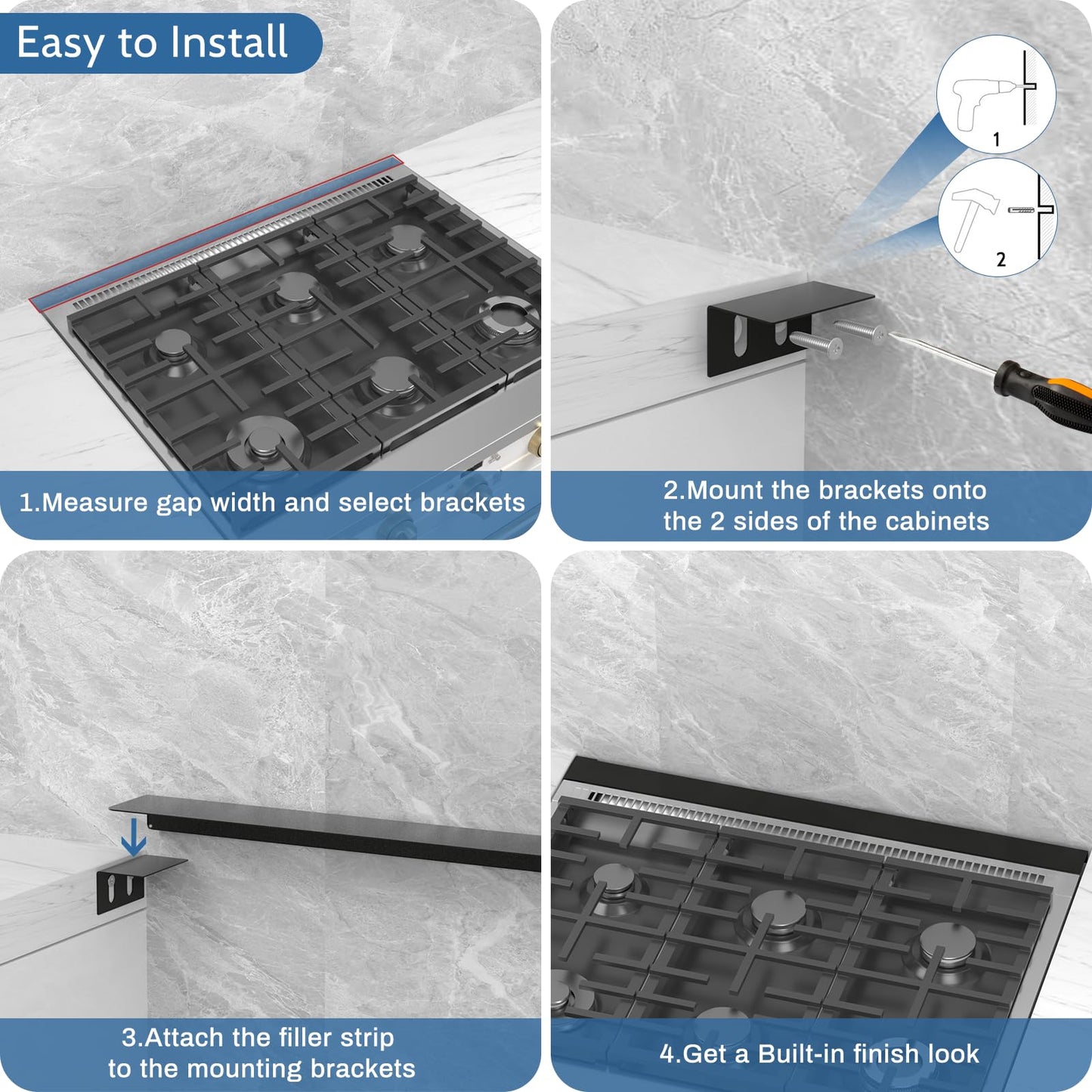 30" Slide-in Range Rear Filler Kit W10113901A with 2pcs Silicone Stove Gap Covers, Cooktop Trim Kit Between Stove and Backsplash for Whirlpool & Most Brand, 316 Stainless Steel (Black)