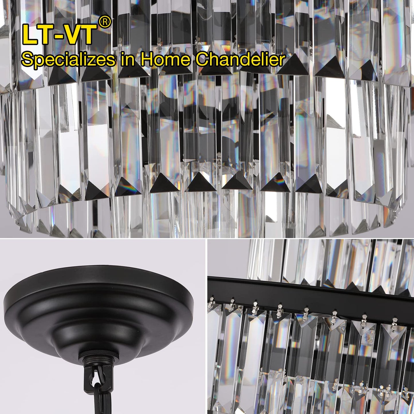 Lt-vt Black Modern Style Crystal Chandeliers & LightsRound Hanging Classic, Pendant Ceiling Chandelier Lighting Fixture 5-Tier for Dining Room Living Room(24 inch,Black)