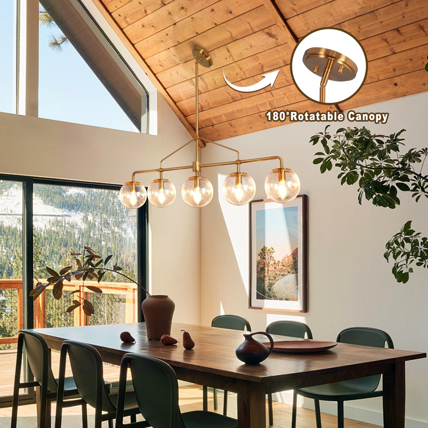 Lzawvm Modern Linear Chandelier Gold 5 Light Dining Room Linear Chandelier with Seeded Glass Globe 39 Inch Kitchen Island Pendant Light Electroplated Copper Finish for Farmhouse Living Room