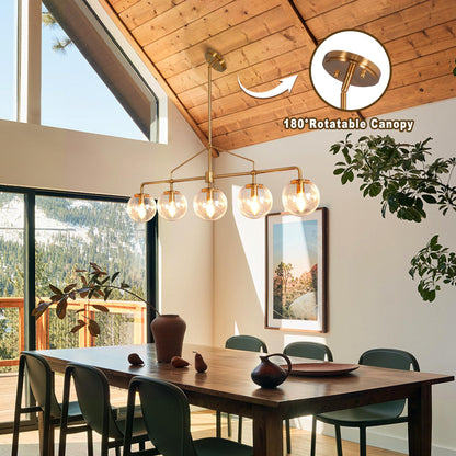 Lzawvm Modern Linear Chandelier Gold 5 Light Dining Room Linear Chandelier with Seeded Glass Globe 39 Inch Kitchen Island Pendant Light Electroplated Copper Finish for Farmhouse Living Room