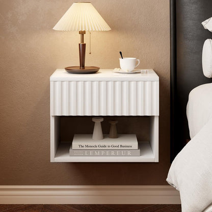 AURINEST Floating Nightstand Set of 2, Modern Wall Mounted Bedside Tables with Fluted Drawer, Night Stand Small End Table with Open Storage Shelf for Bedroom, Living Room, Small Spaces, White