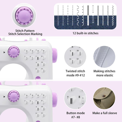 Sewing Machine with Extension Table, Mini Sewings Machines Portable Electric Sewing Machine, 12 Stitches Sewing Machines with LED Light, Sewings Accessory Kit, Ideal for Clothing, Pillowcases, Sheets