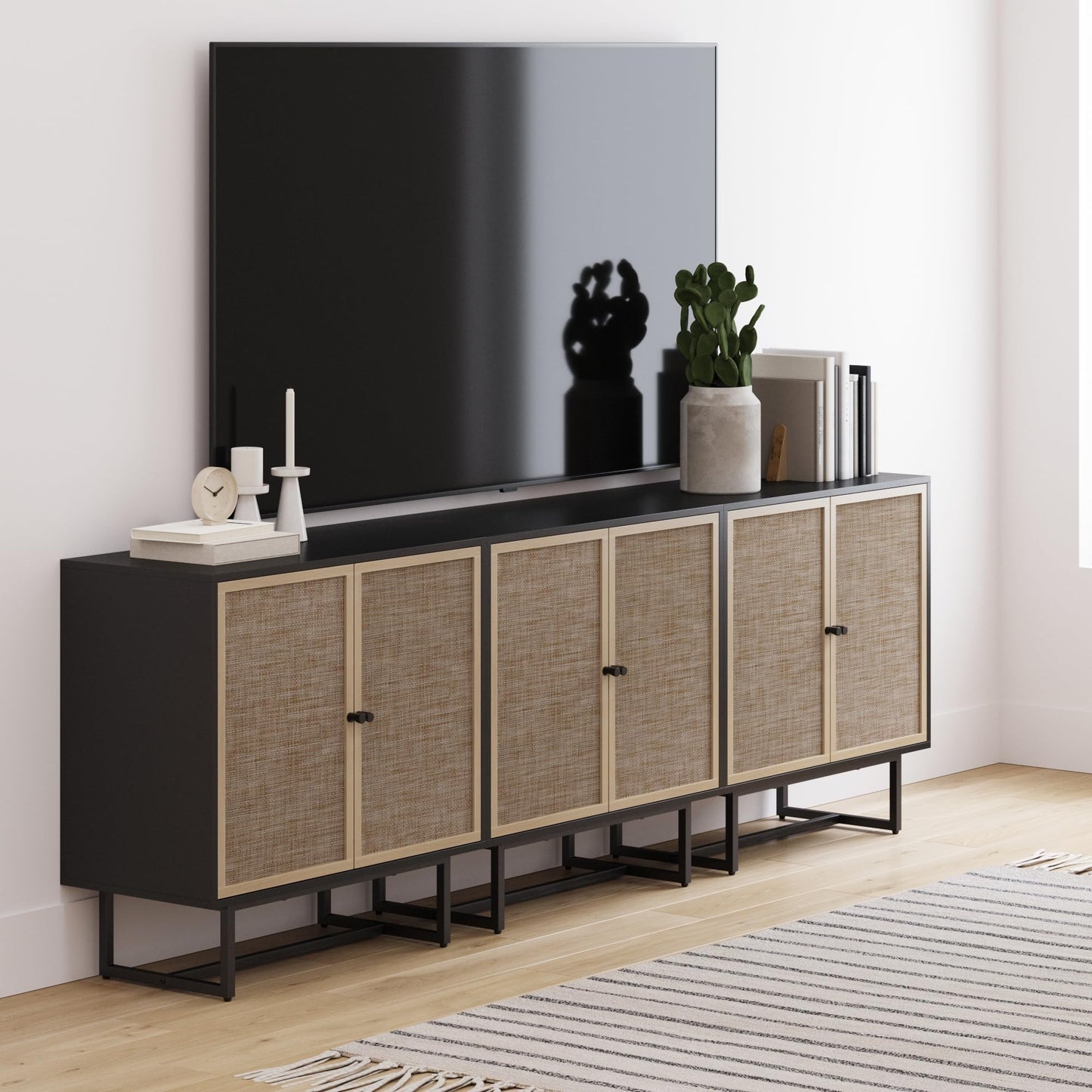 Nathan James Kova Rattan Wood Accent Sideboard Storage Cabinet TV Stand with Matte Metal Frame, Adjustable Shelves and Cane Doors, for Hallway, Entryway or Living Room, Black Oak/Cane, Set of 3