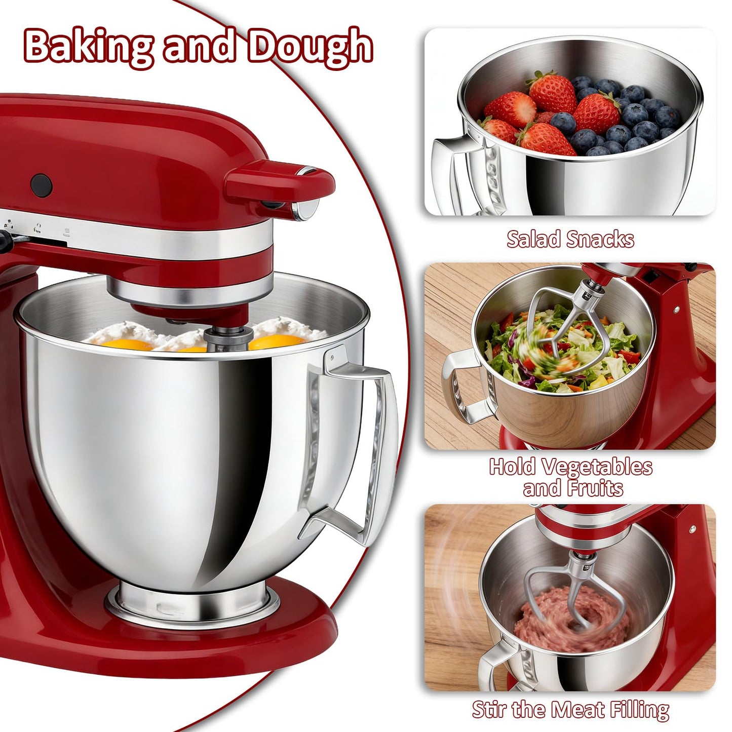 5QT Stainless Steel Mixer Bowl Compatible with KitchenAid Bowls for Mixer, Artisan&Classic Series 4.5-5QT Tilt-Head Mixers, Kitchen Gadgets Mixer Bowl with Handle,Metal Bowl for Kitchen Mixing Bowl