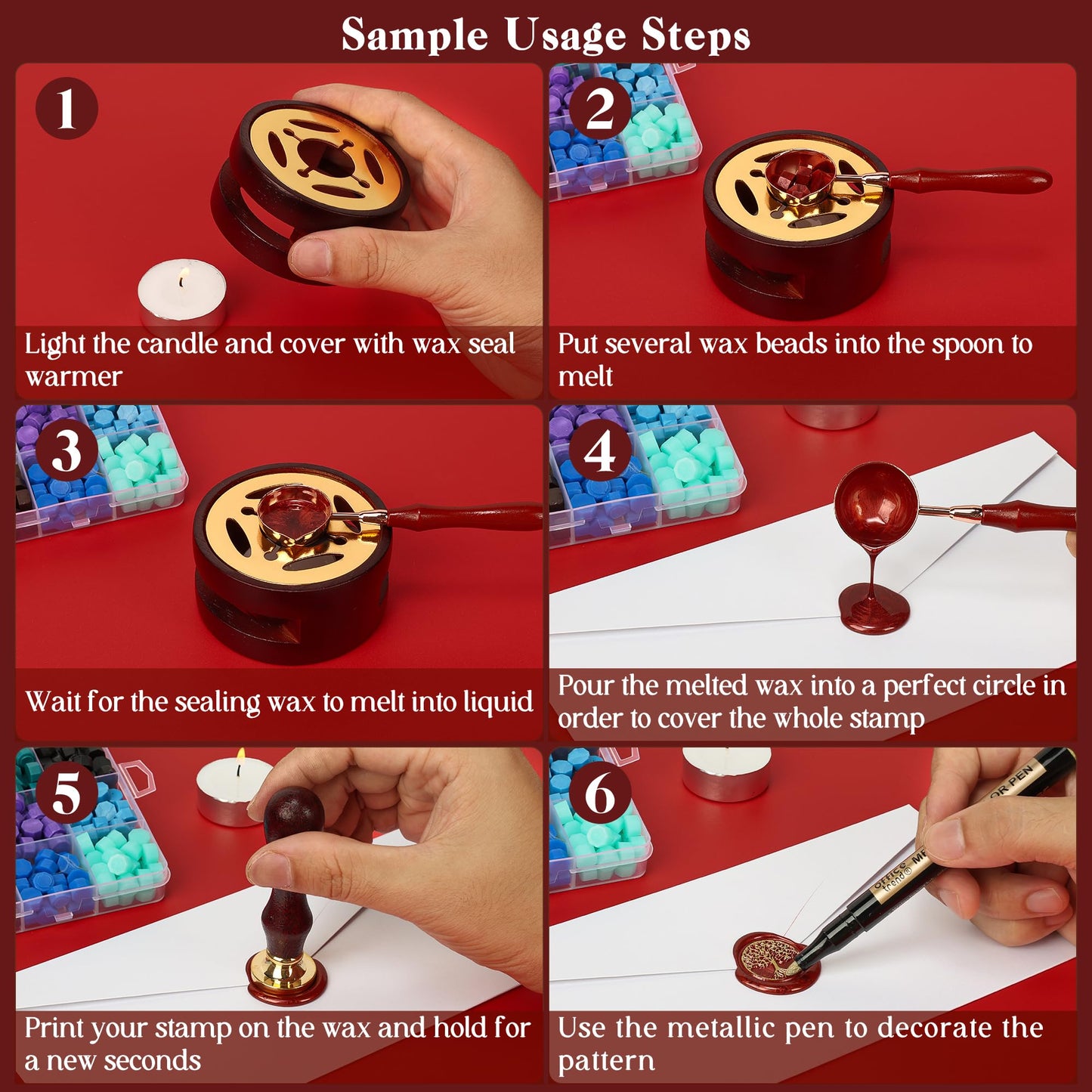TRINIDa Wax Seal Kit, Premium Wax Seal Stamp Kit with 24 Colors 624 Pcs Beads, Metallic Pens, Warmer, Spoon and Tea Candles for Wedding Invitation, Letter Envelope, Gift Cards & DIY Crafts