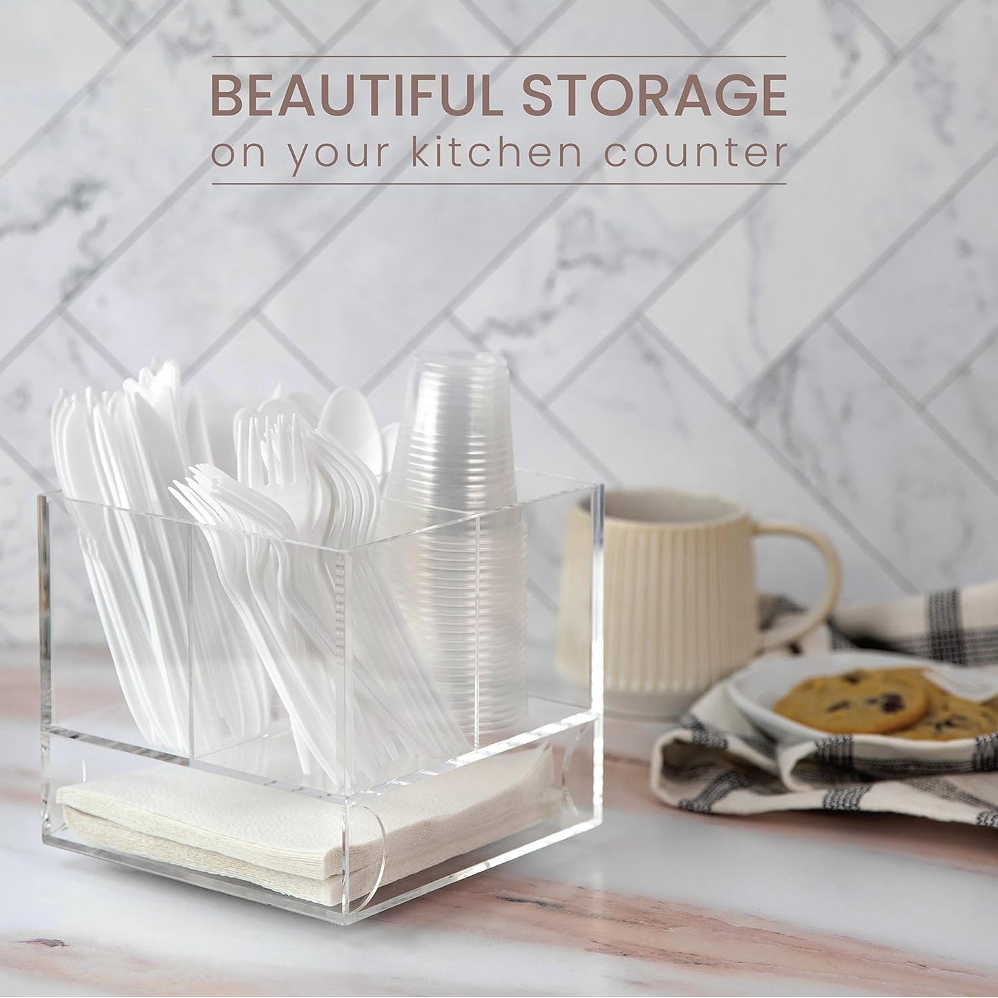 ELTOW Acrylic Swivel Silverware Caddy, Stylish Kitchen Table Organizer for Spoons, Forks, Knives, Napkins