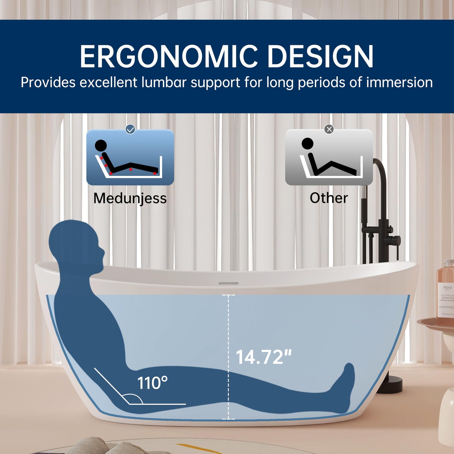 65'' Freestanding Solid Surface Resin Stone Bathtub, Freestanding Tub, Contemporary Design Stand Alone Tub with Pop-up Drain and Overflow, cUPC Certified, Matte White