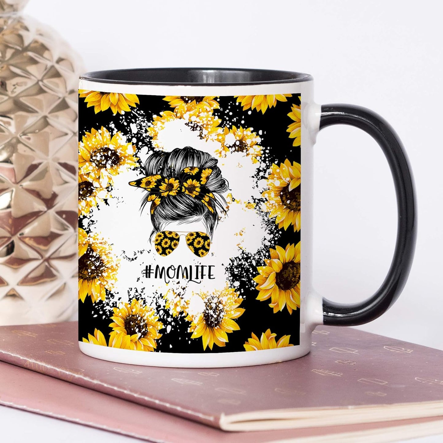 YouNique Designs Sunflower Mom Mug, 11 Ounces, Unique Mothers Day Coffee Mug from Daughter and Son, Black Handle