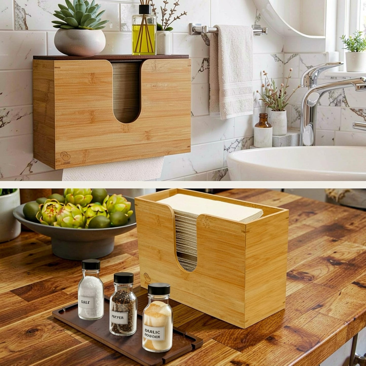 eBun Bamboo Paper Towel Dispenser with Lid, Countertop Holder for Multifold & Trifold Towels, Wooden Napkin Dispenser Box with Easy-Access Slot for Kitchen, Bathroom, Office