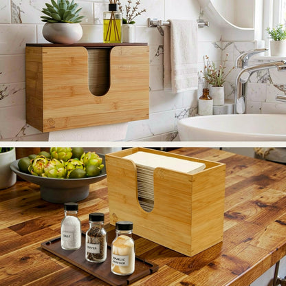 eBun Bamboo Paper Towel Dispenser with Lid, Countertop Holder for Multifold & Trifold Towels, Wooden Napkin Dispenser Box with Easy-Access Slot for Kitchen, Bathroom, Office