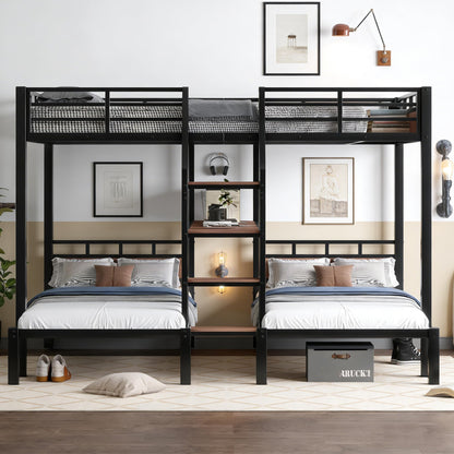 Bellemave Queen Over Twin Over Twin Bunk Beds for 3 Kids,Metal Heavy Duty Triple Bunk Bed Frame with Stairs and Storage Shelf,3 Bed Bunk Beds,Twin Size Triple Bed,Black