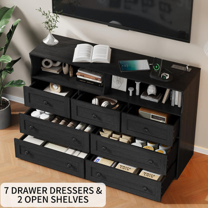 IDEALHOUSE Dresser for Bedroom with 7 Drawers, LED Lights & Charging Station, Wooden Chest with 2 Open Compartments, Freestanding Storage Organizer for Closet, Nursery, Entryway, Black