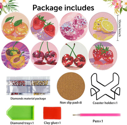 croshom Fruits Diamond Art Coasters Kits, 8 Pieces Diamond Painting Coasters with Holder, Diamonds Art Disco Ball Coaster Kits, 5D DIY Diamonds Arts Painting Kit for Adults Gift