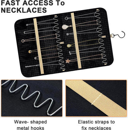 Double Sided Hanging Jewelry Organizer, 32/48 Pockets, 14/21 Hook Loops, Foldable Travel Jewelry Roll Organizer for