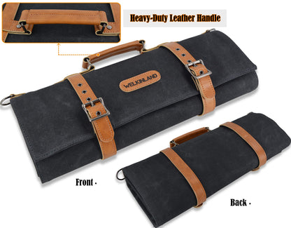 WELKINLAND 14-Pockets Knife Roll, Waxed Canvas Leather Knife Roll, Knifes bag holders, Chef Knife Roll Bag, Chef knife roll, Knife Roll Bag for Pocket Knives