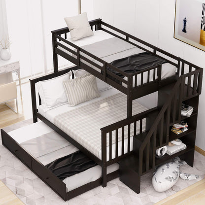 Ball & Cast Twin-Over-Full Bunk Bed with Twin Size Trundle and Storage Ladder,Wood Bunkbed w/Slat Support & Full-Length Guard Rail,Space Saving,Bedframe Furniture for Student Dorms,Studio,Espresso
