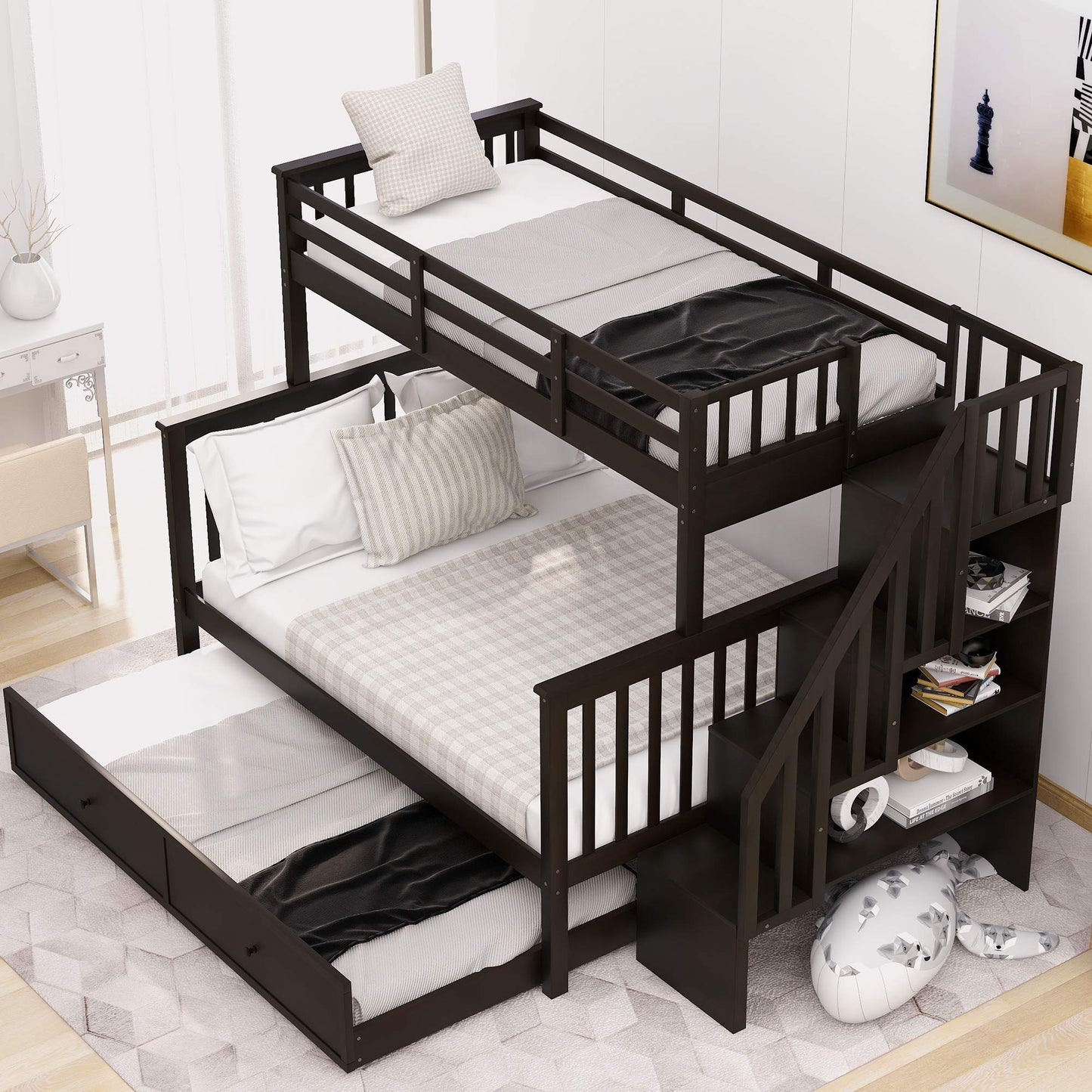 Merax Stairway Twin-Over-Full Bunk Bed with Twin Size Trundle, Storage and Guard Rail for Bedroom, Dorm, for Adults, Espresso