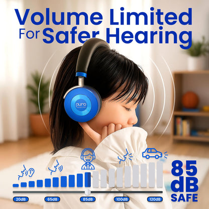 Puro Sound Labs JuniorJam Plus Volume-Limiting Wireless Bluetooth Headphones for Kids, Secure Audio with Adjustable On-Ear Design, 22-Hour Battery Life, Ideal for Tablets, Smartphones & PCs - Blue