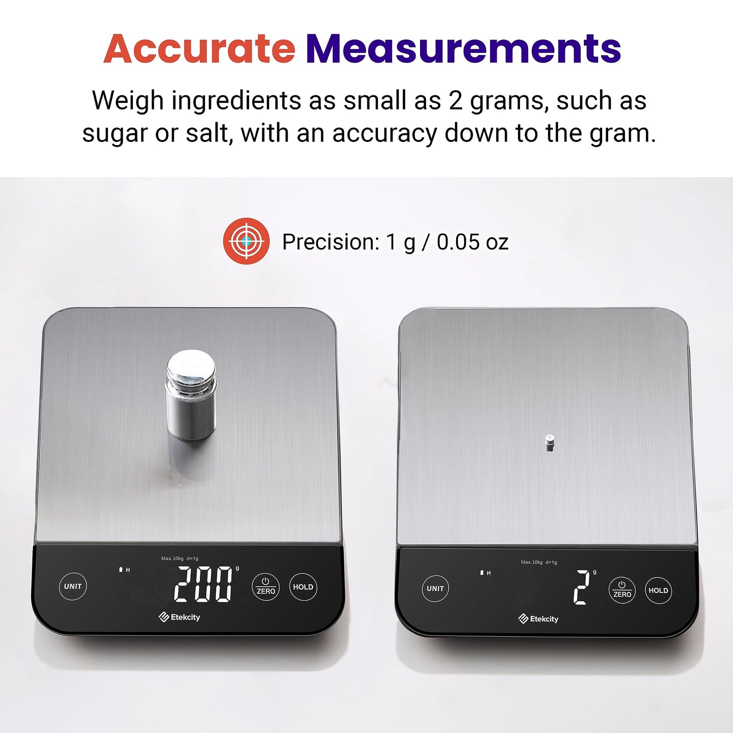 Etekcity Digital Food Kitchen Scale, Grams and Oz for Weight Loss, Baking and Cooking, 0.05oz/1g Precise Graduation,5 Weight Units, IPX6 Waterproof, USB Rechargeable,304 Stainless Steel-Silver, 22lb