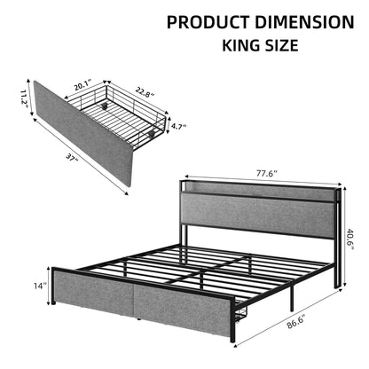 Garvee King Size Bed Frame with 2 Storage Drawers and USB Ports, Upholstered Platform Bed with Headboard, Sturdy & Noise Free, Under Bed Storage, No Box Spring Needed, Gray