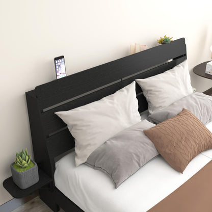 KEIKI Queen Size Floating Bed w/Storage Headboard & Tabletop, Farmhouse Wood Platform Beds Frame w/Light & Charging Station, Solid Bedframe Queen, No Box Springs Needed, Easy Assembly, Black